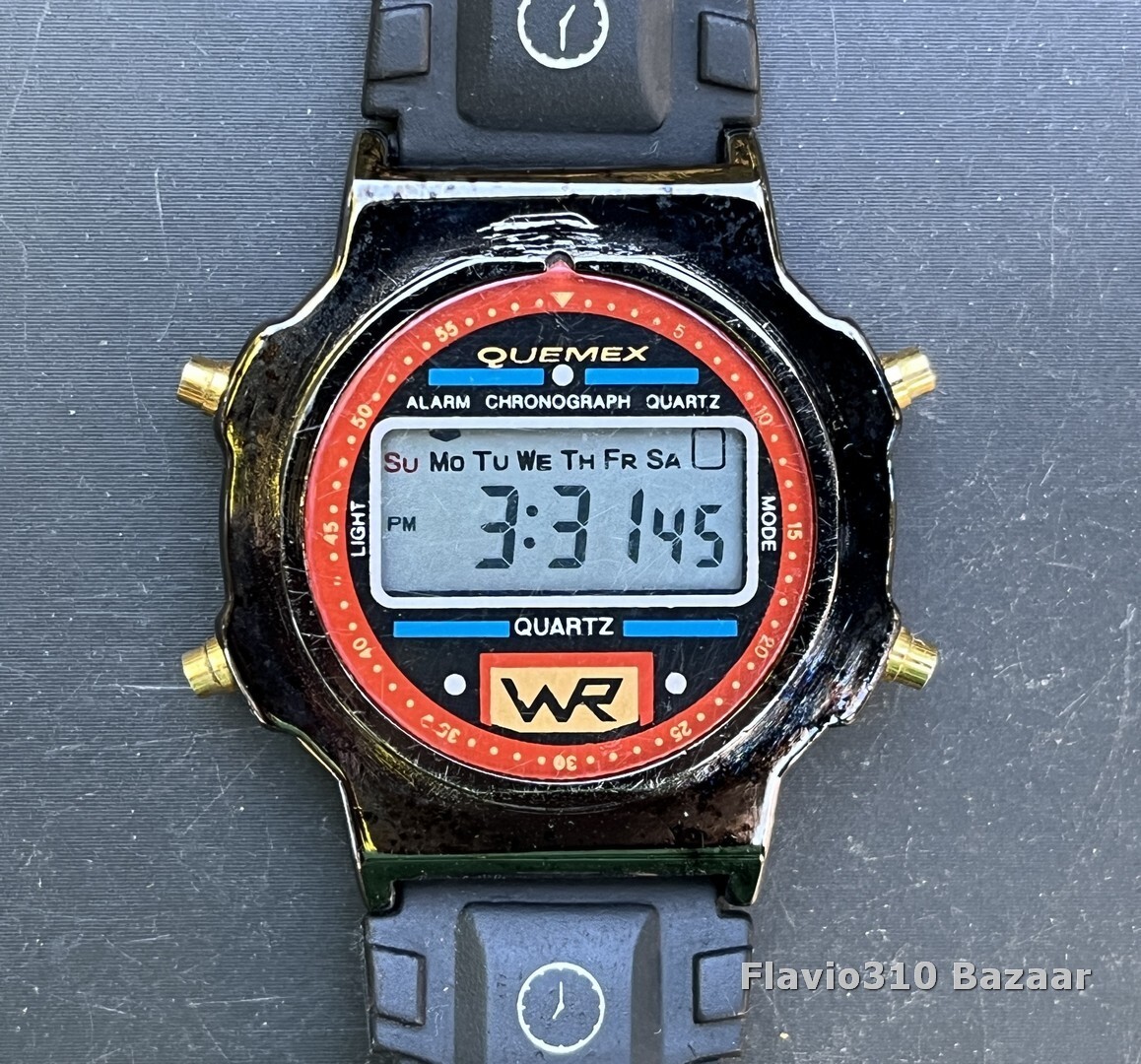 1990’s Vintage QUEMEX Alarm Chronograph 40mm Black Watch – New Battery