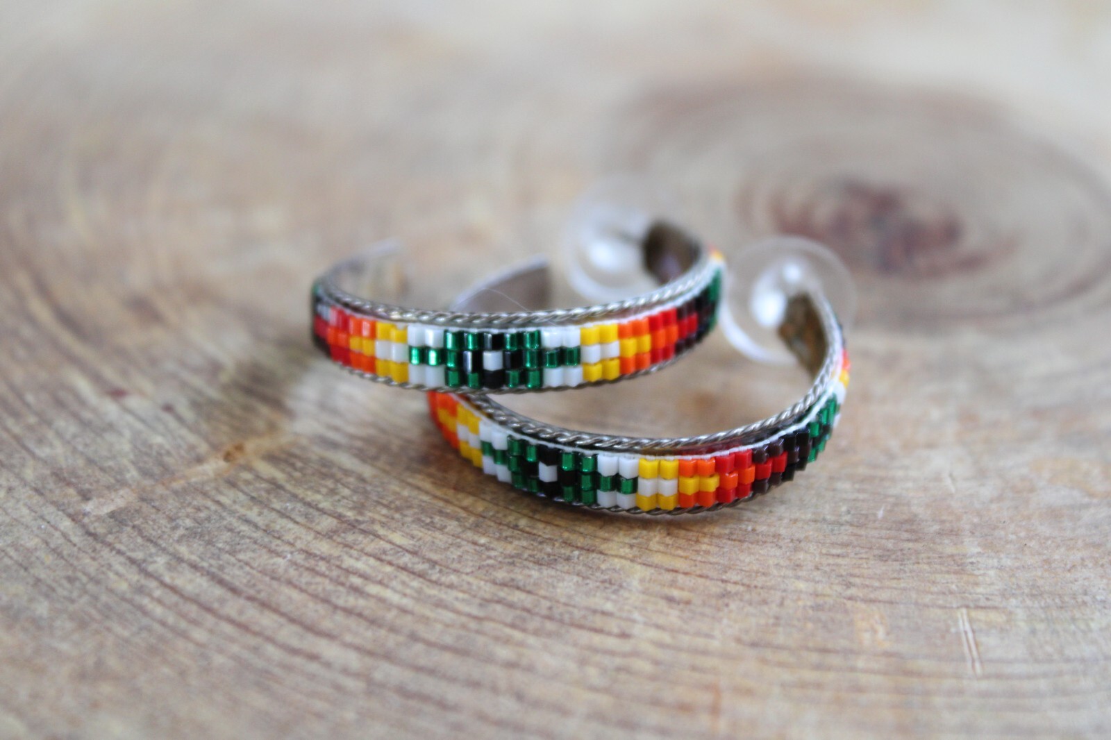 Sterling Silver, Green, Orange, Yellow Seed Beads HOOP Earrings by L Navajo
