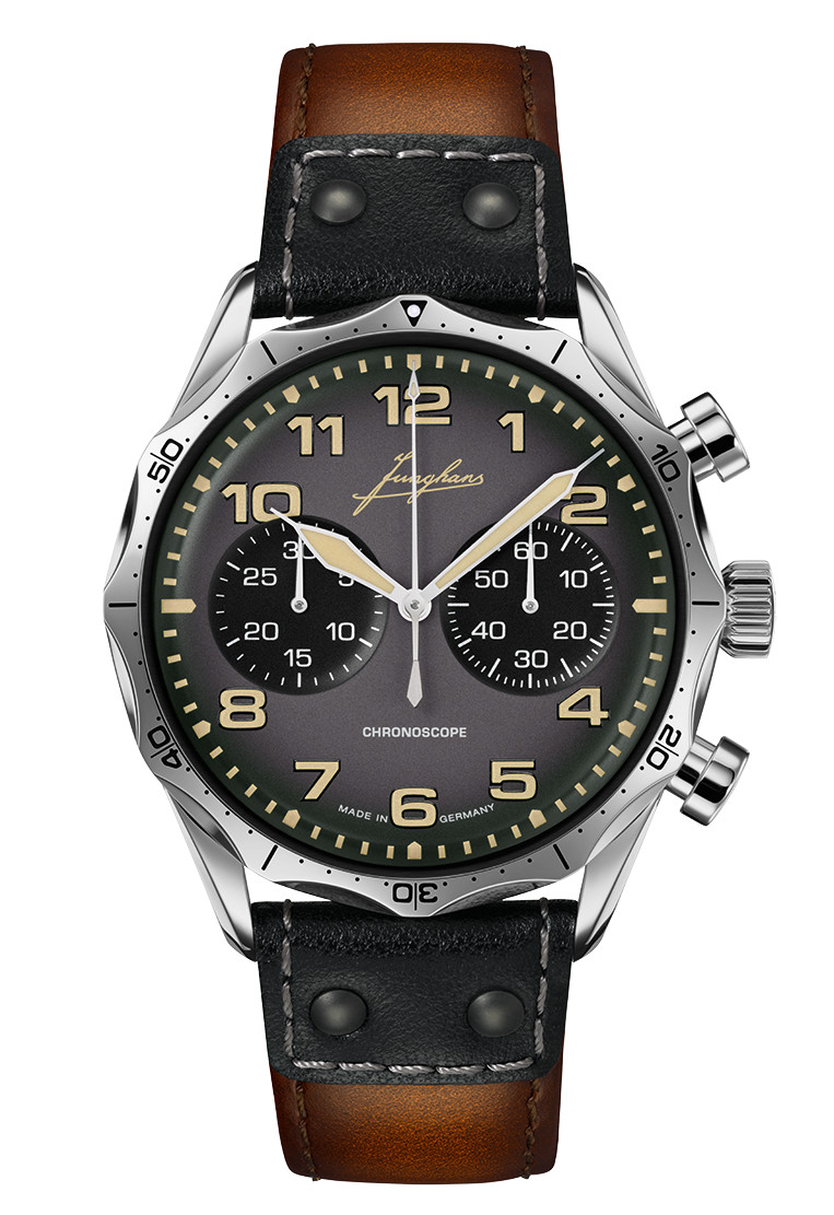 Junghans Pilot Chronoscope 43.3mm Gray Dial Leather Band Watch 27/3493.00