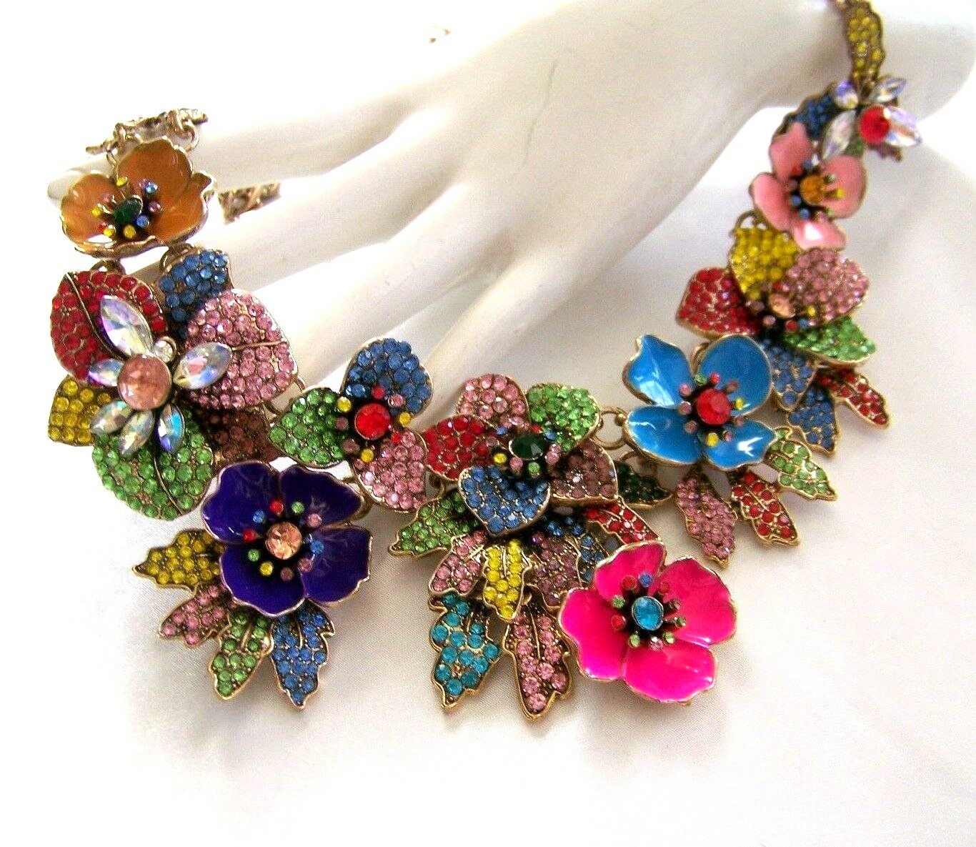 MULTI COLOR FLORAL BOUQUET VTG Style Pave Rhinestone Enamel Bib Necklace
