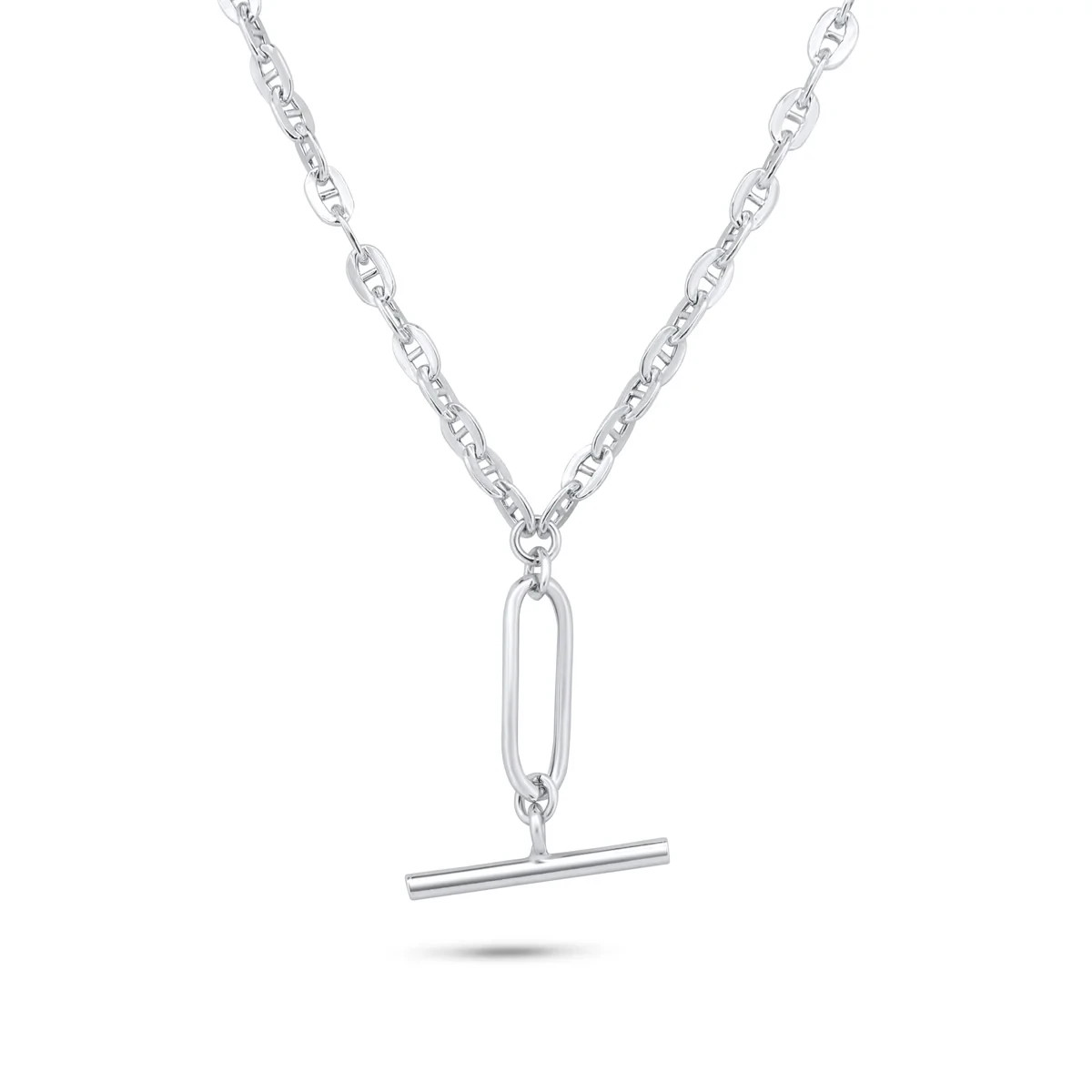 Rhodium Plated 925 Silver Flat Marina Paperclip Bar Pendant 3.2mm Necklace
