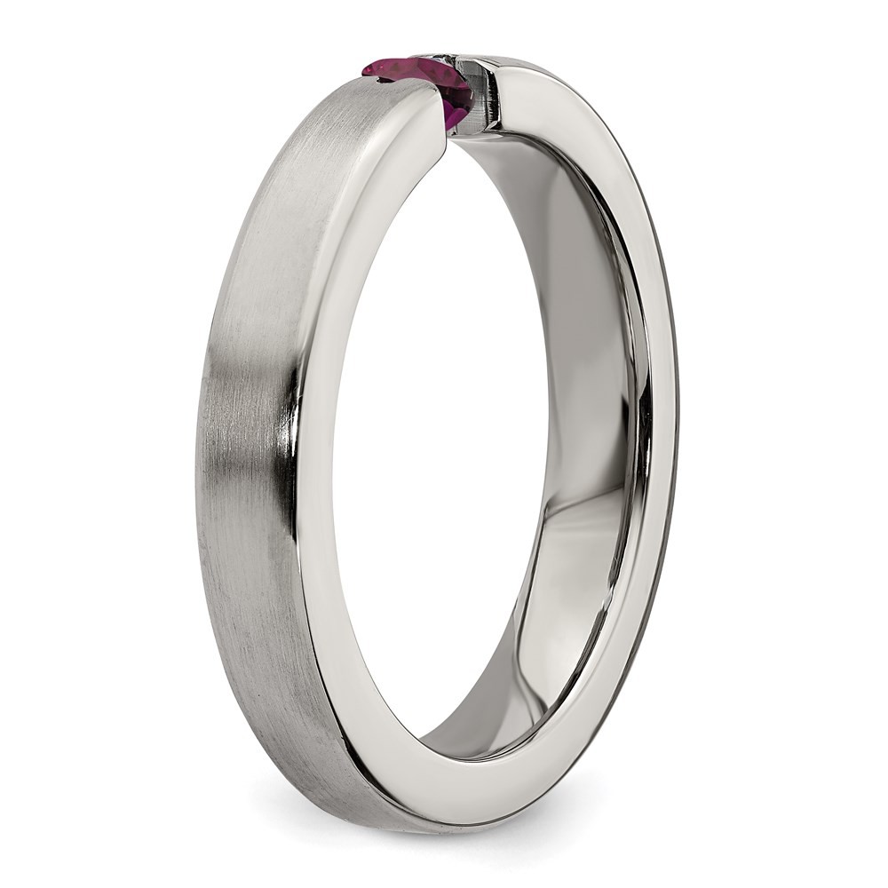 Titanium Tension-set Square Rhodolite Garnet Brushed 4mm Band Ring Size 7
