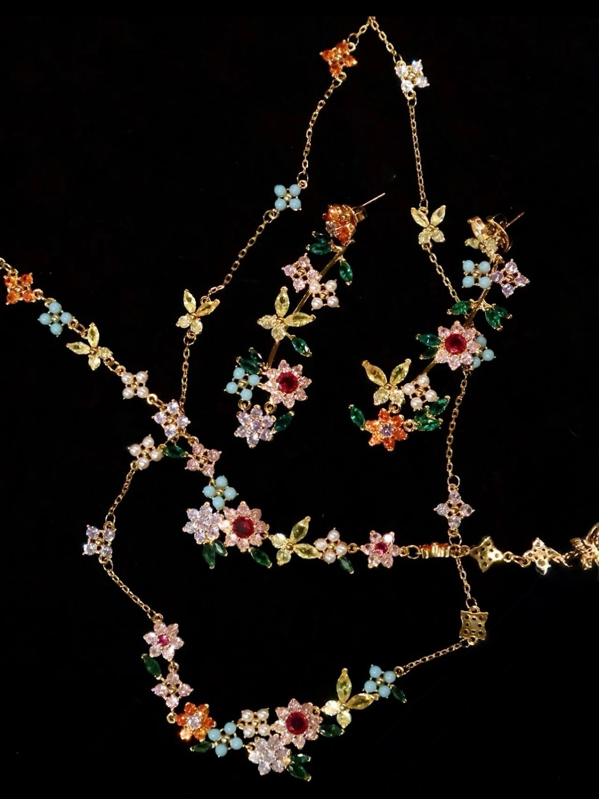 Floral Crystal Jewelry Set – Colorful Statement Necklace, Bracelet & Earrings