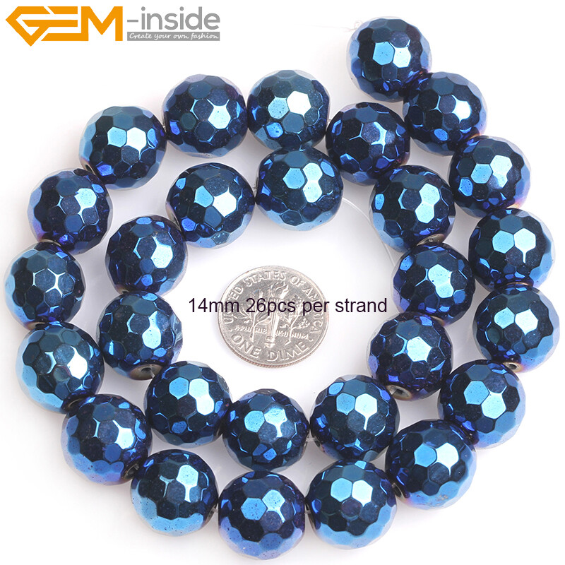 Round Blue Metallic Coated Hematite Faceted Stone Loose Beads Jewelry Making 15‘