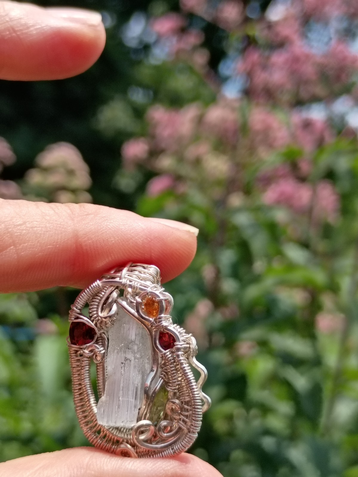 Handcrafted Wire Wrapped Aquamarine Crystal Sterling Silver Amulet Pendant
