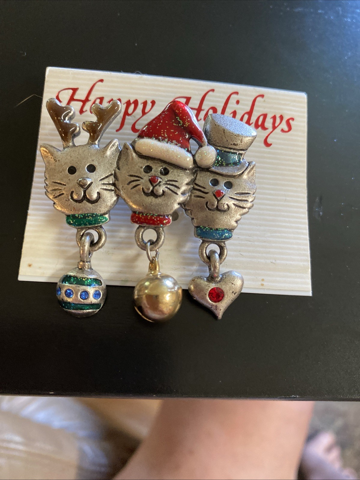 AJMC Three Cat Enamel Christmas Brooch Dangle Bells Santa Reindeer Top Hat