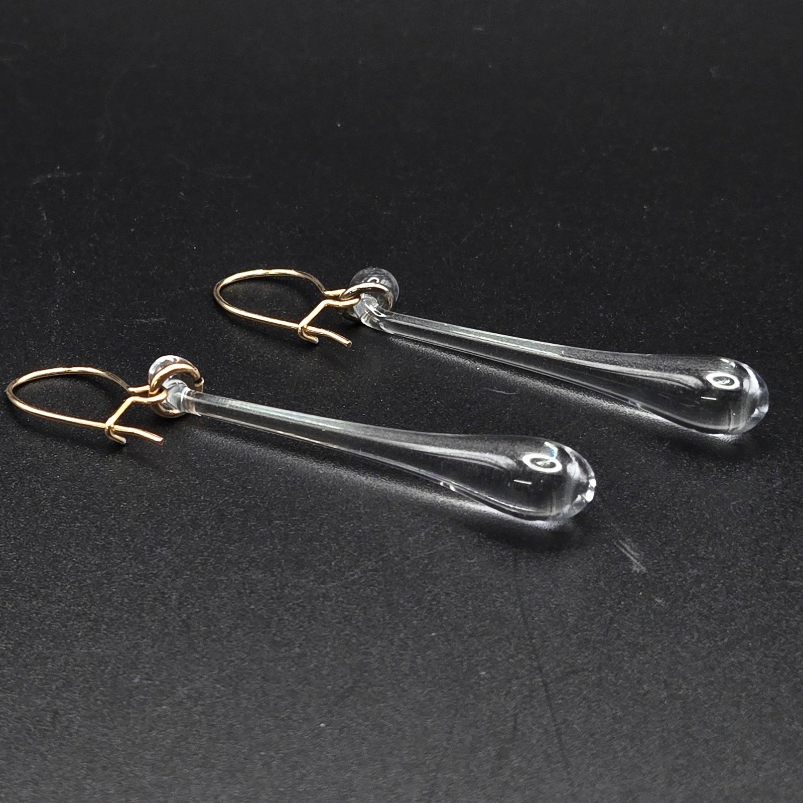 Clear Glass Teardrop Dangle Earrings Gold Tone Kidney Wire Hooks Long Drop