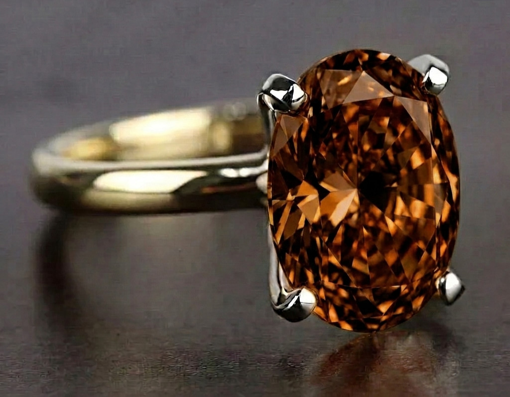 RARE 8.00 Ct Certified Oval Shape Natural Brown Diamond Ring Yellow Gold Finish