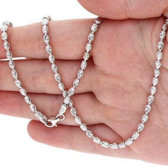925 Silver 2mm-4mm White Half Moon Cut Oval Barrel Beaded Chain Necklace 18″-26″