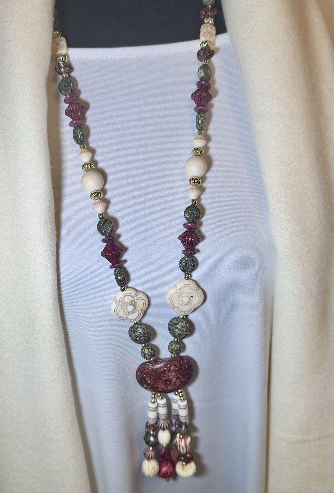 Vintage Artisan Mixed Bead Necklace Russia Market 32in With 4in Tassel Drop