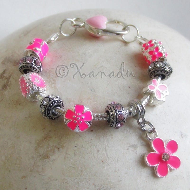 Pink Flower Garden European Charm Bracelet With Pink And Fuchsia Floral Beads