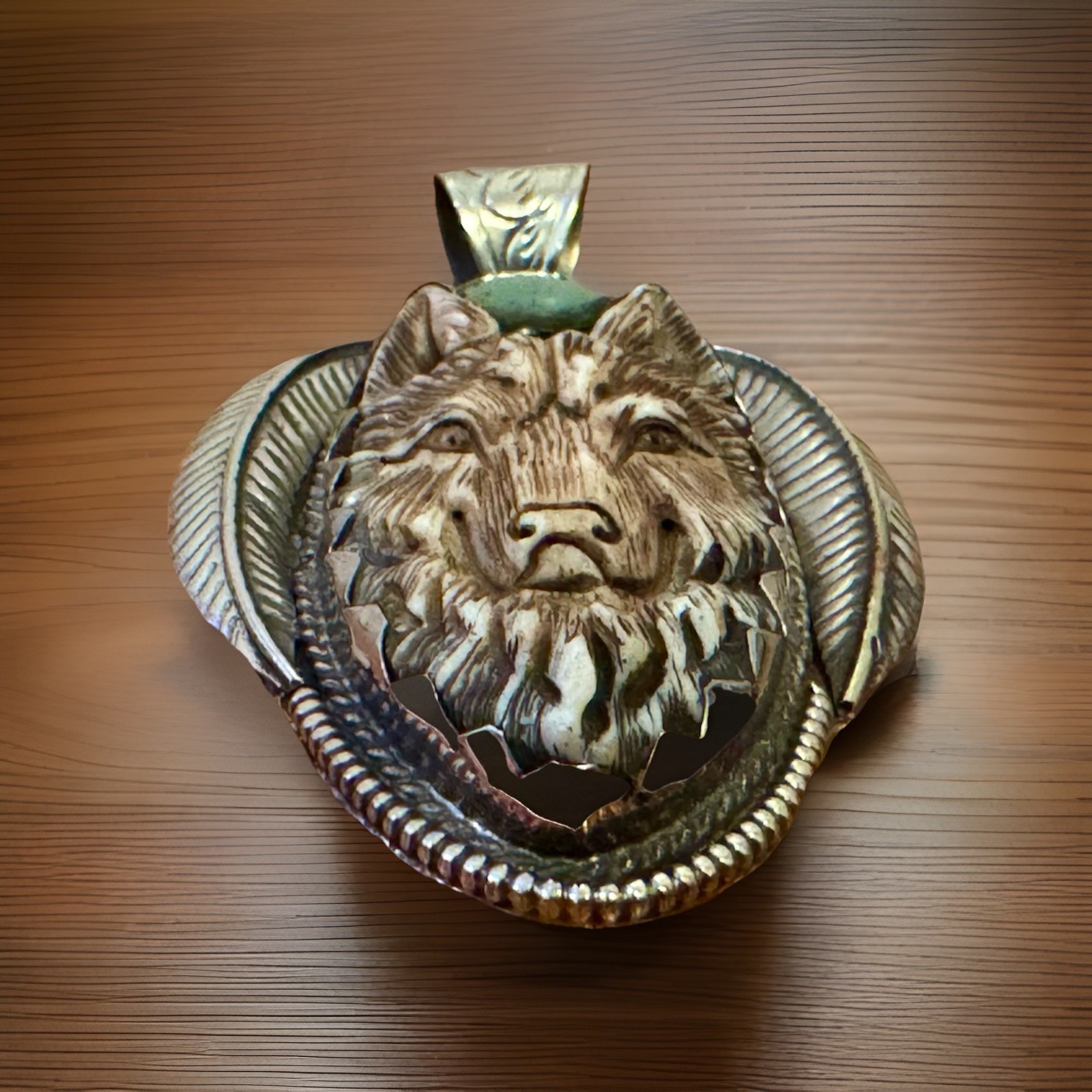 Hand Carved Bone Pendant,Wolf Art,Auspicious Floral Carving,Turquoise & Silver