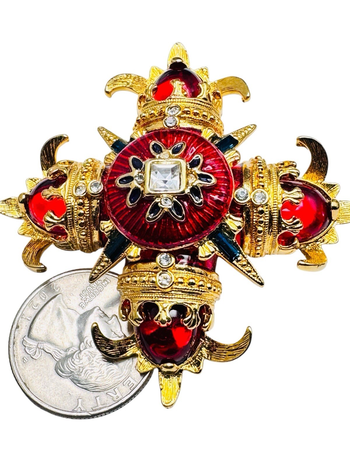 Vintage RJ Graziano Maltese Cross Red Enamel Brooch Pin Gold Tone Blue Baguettes