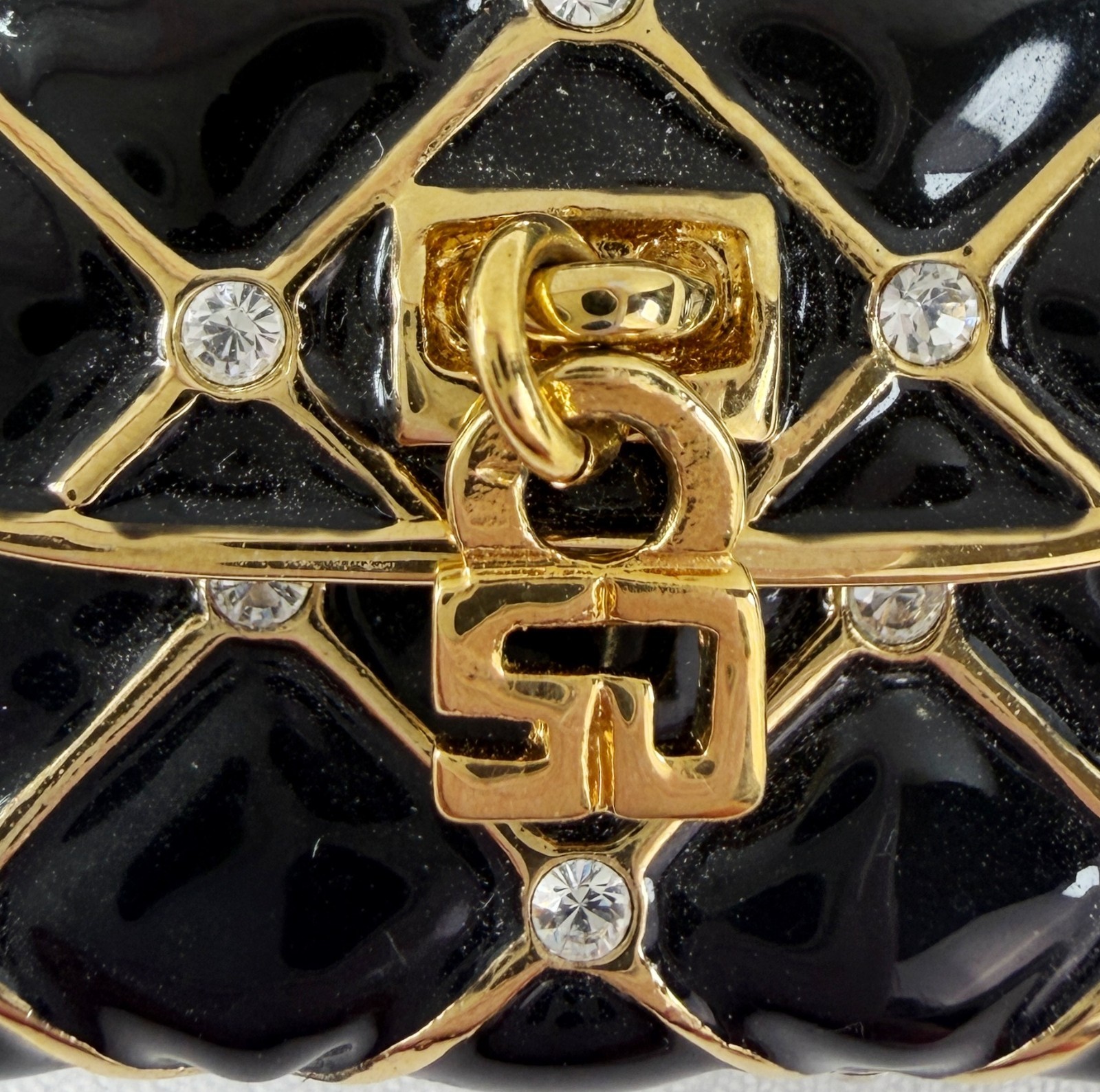 NEW ST. JOHN Handbag Mini Brooch Pin Black Enamel Crystals 24KGP Logo Enhancer