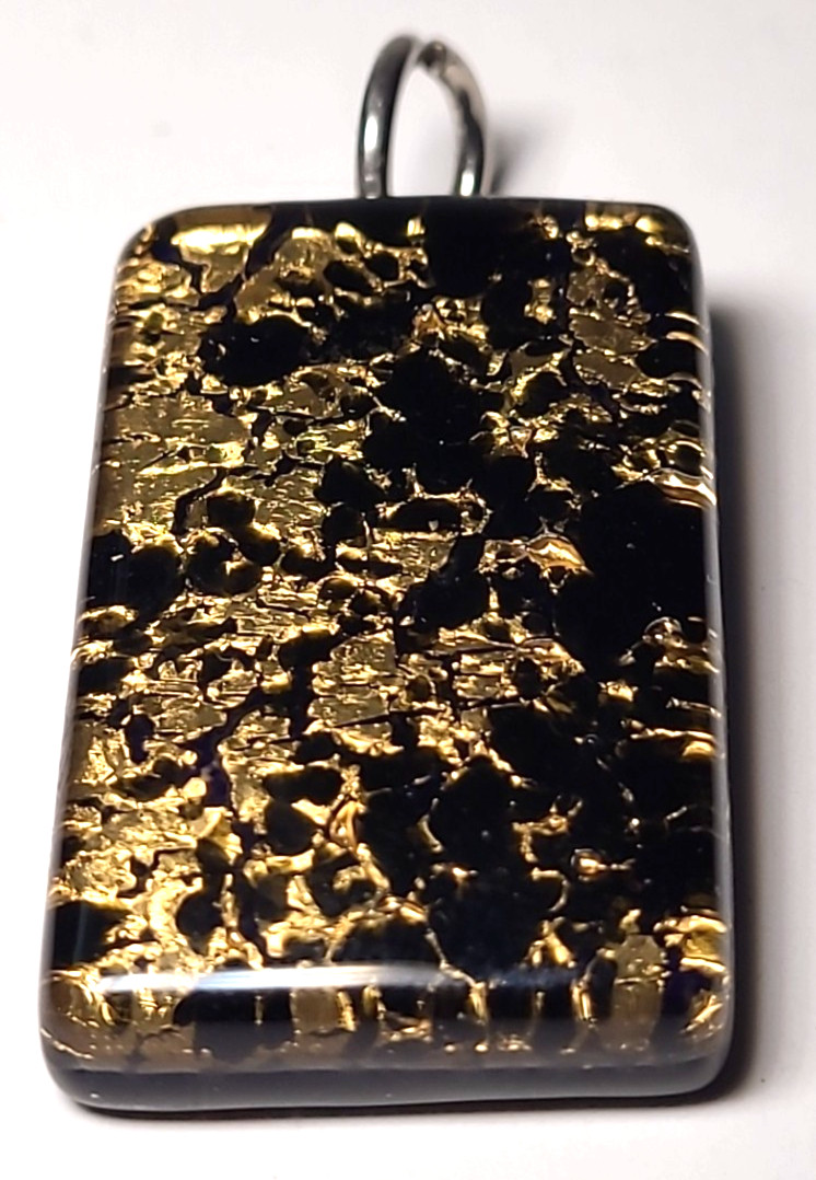 Vtg Vetro Di Murano Art Glass Black & Gold Pendant Charm Italy Rectangle 1.25″