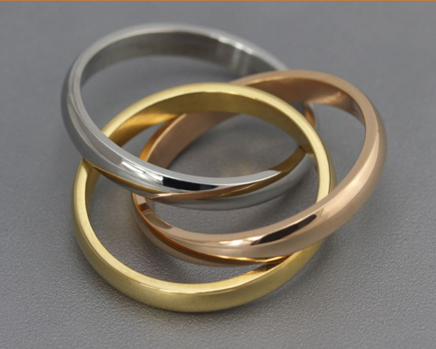 18KGP Stainless Steel 316L Tri Color Interlocking Trinity Rolling Ring Set