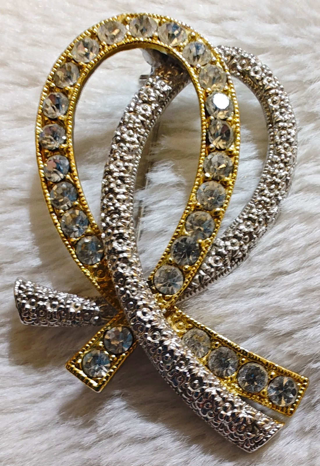 Ribbon Brooch Pin Gold & Silver Tone Clear Round Rhinestones 2.25 in
