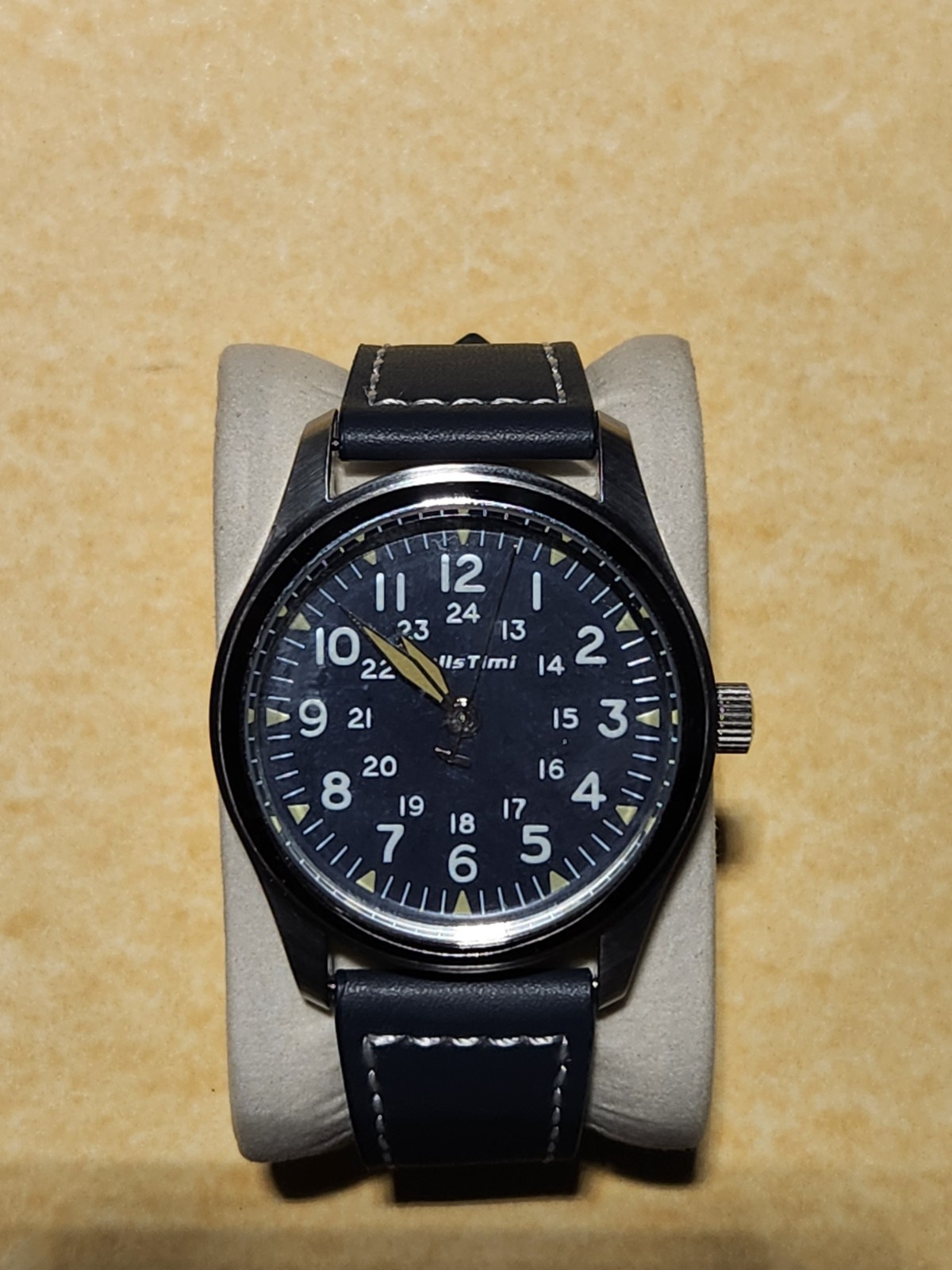 TJBSTimi Quartz Analog Black Dial 12/24hr Lume Silver Steel Leather Strap 3ATM