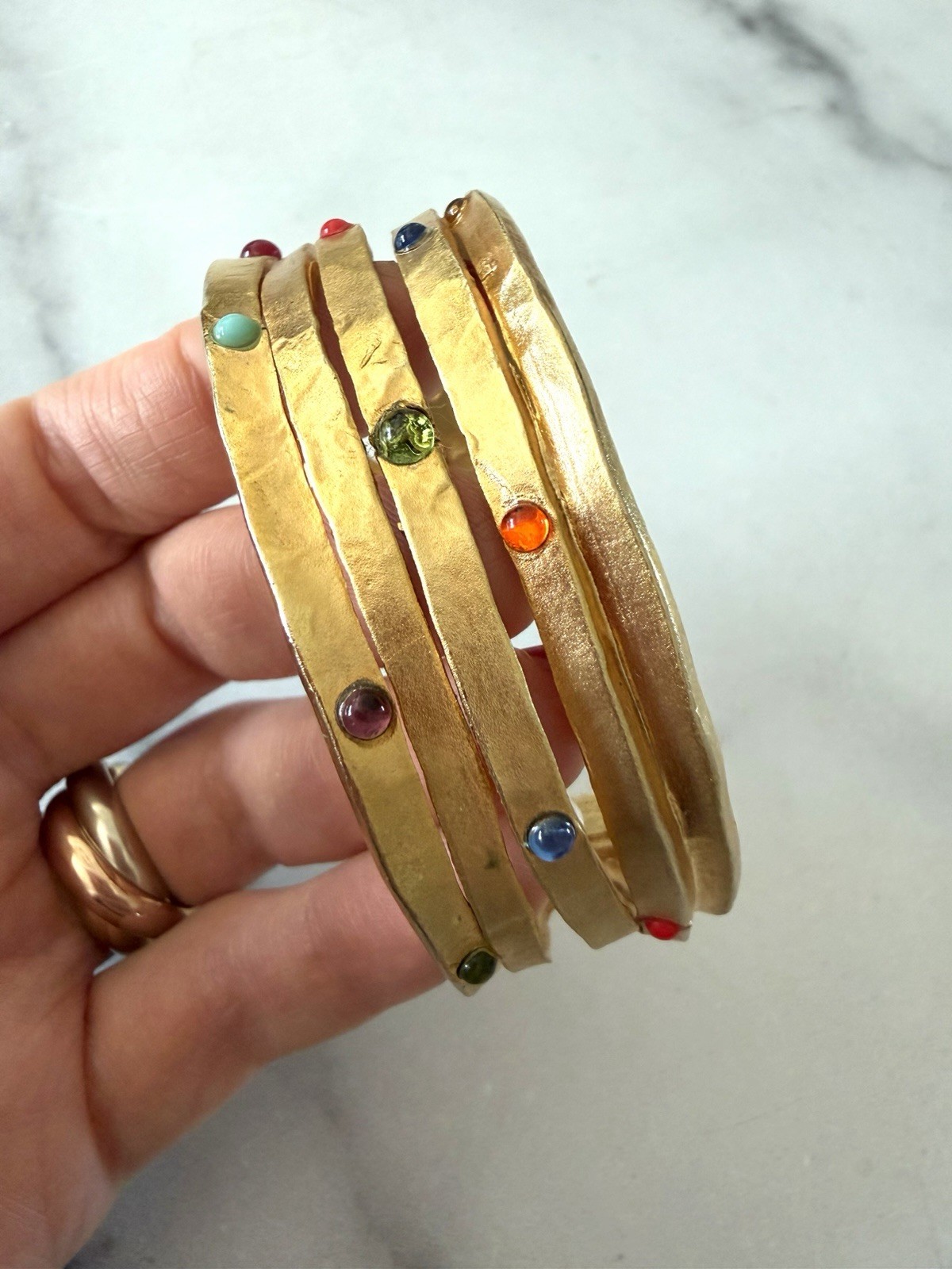 Cecile Jeanne Paris Gold Plated Blue Red Green Cabochon Glass Cuff Bracelet