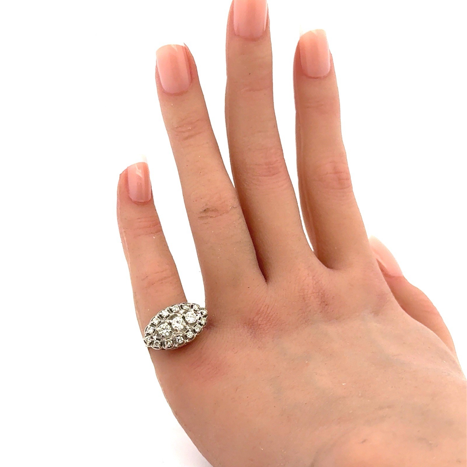 Designer 14k White Gold Art Deco White Diamond Navette Cluster Anniversary Ring