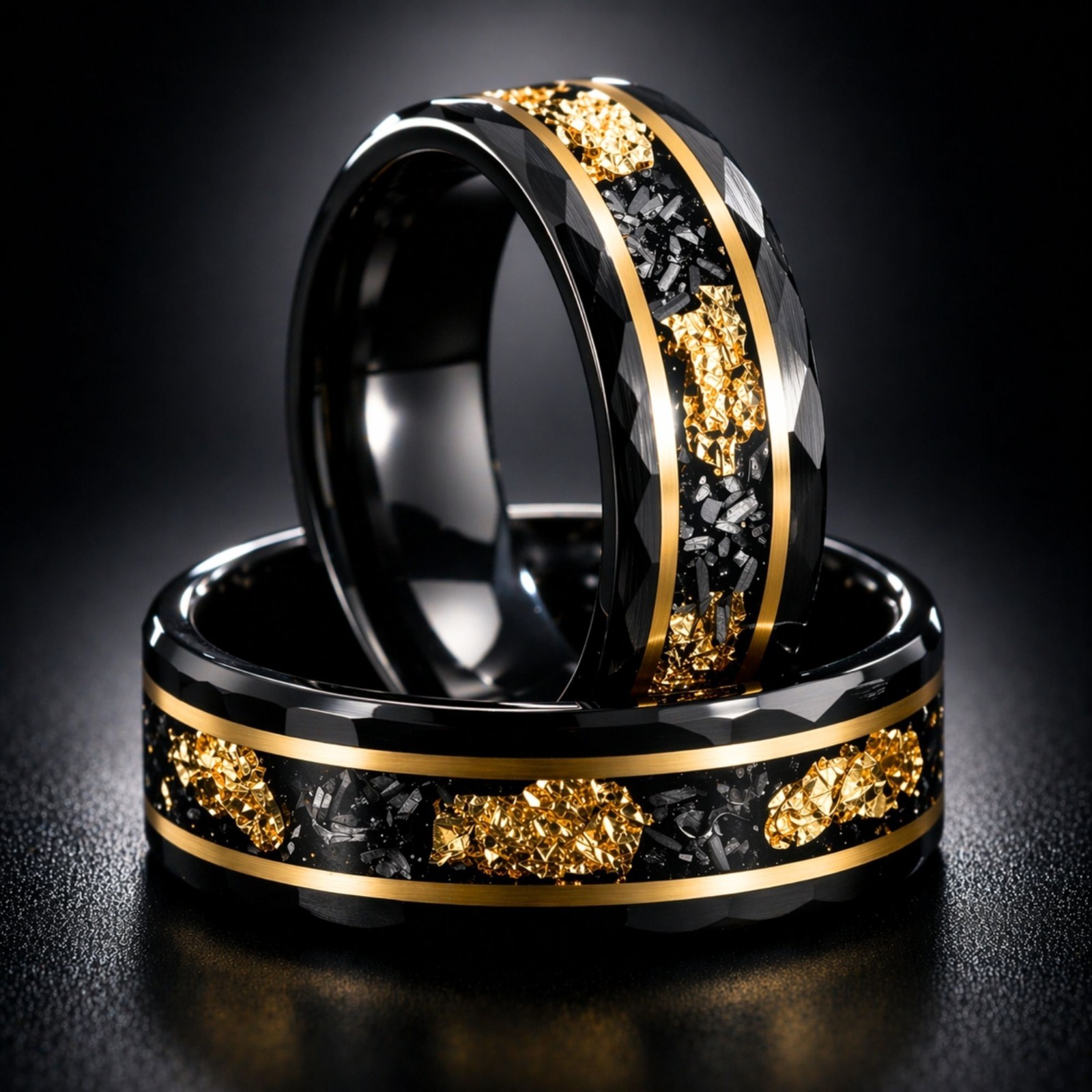 Black Hammered Tungsten Ring – Meteorite & Gold Leaf – 8mm Men’s Wedding Band