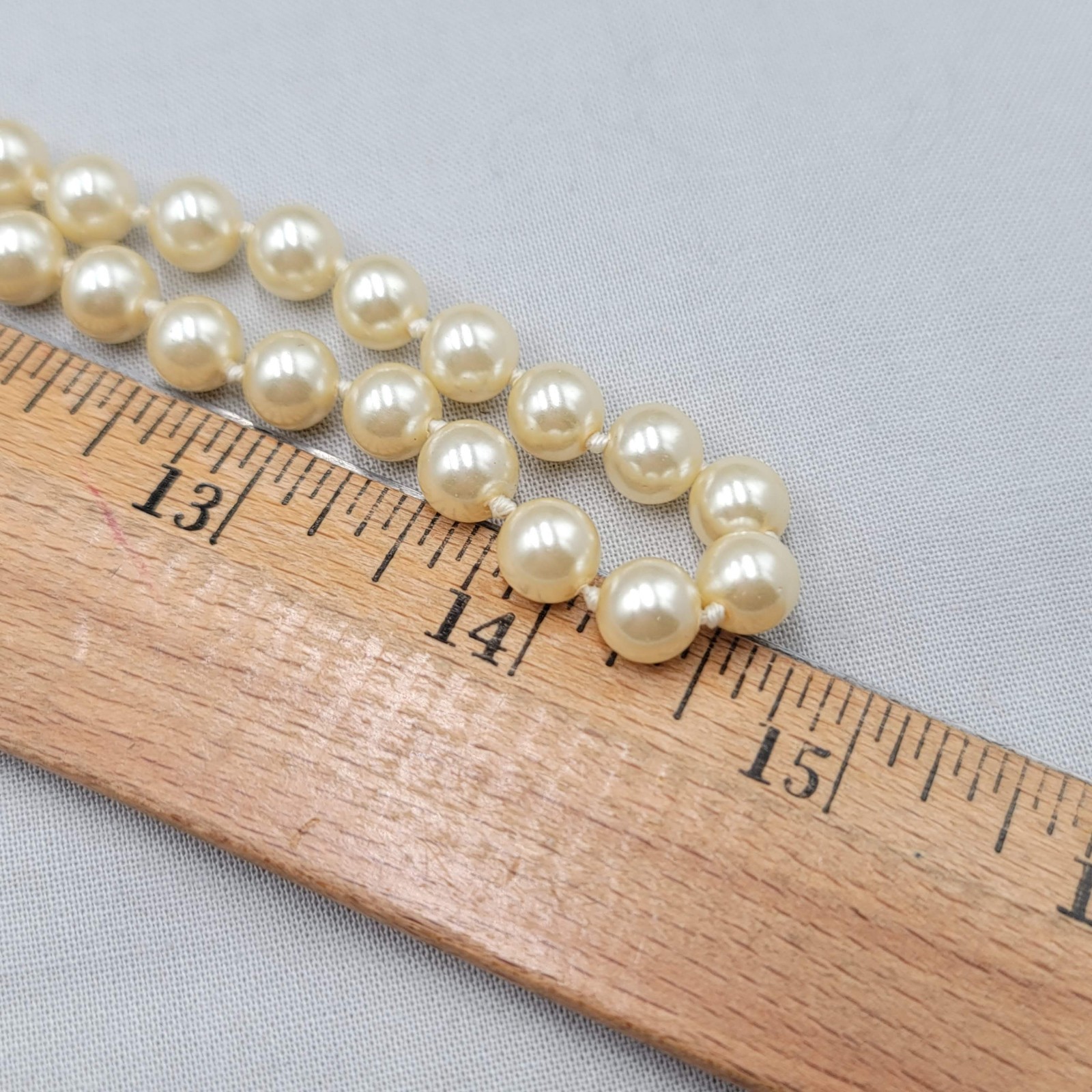 Vintage Glass Faux Pearl 8mm Bead Necklace Hand Knotted 30 in