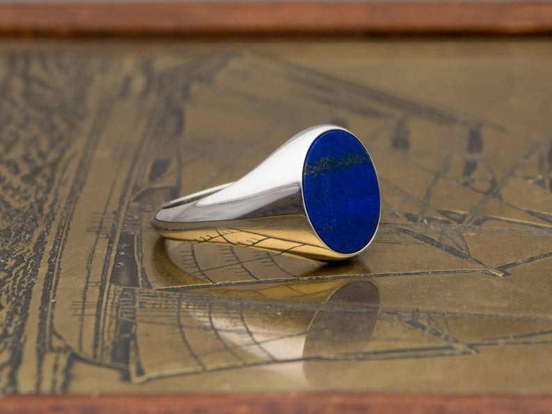 Solid 925 Sterling Silver Natural Flat Lapis Lazuli Gemstone Men’s Unisex Ring