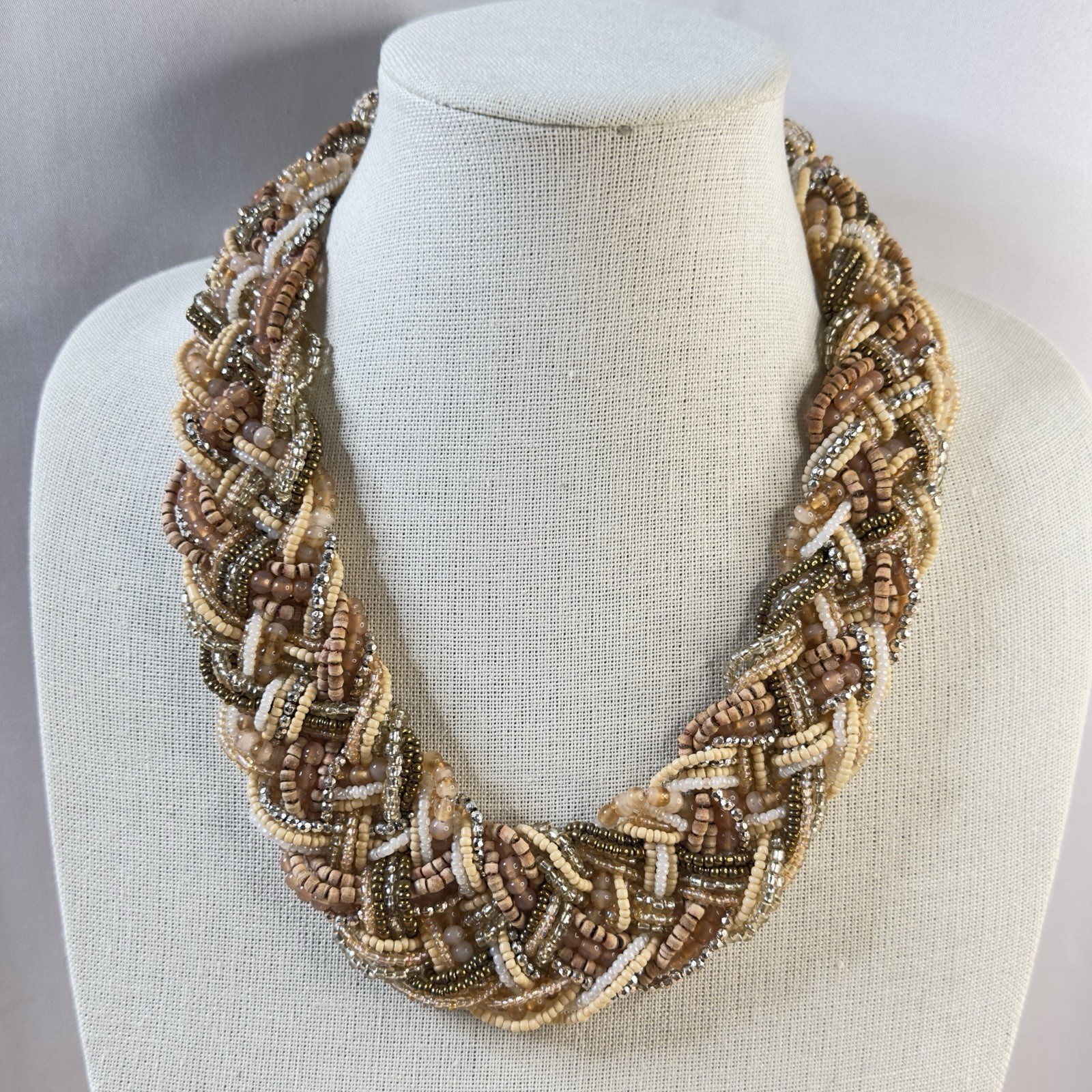 Vintage Collar Necklace Braided Seed Beads Earth Tones 18″ – 21″ Glass & Wood