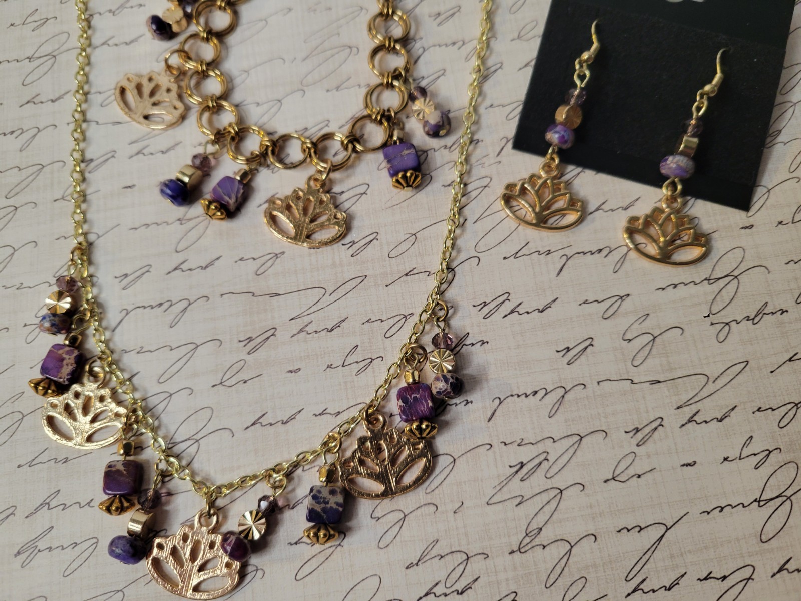 3-Piece Set with Purple Imperial Jasper, Glass, Gold Plated Charms and Findings