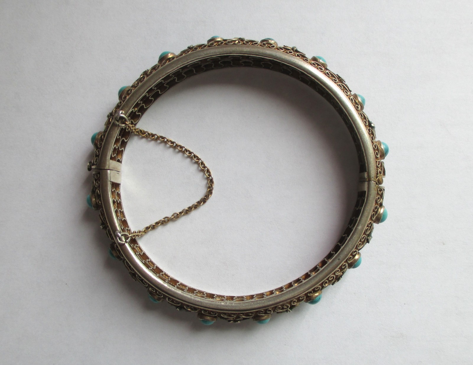 VINTAGE CHINESE STERLING SILVER ENAMEL TURQUOISE HINGED BANGLE BRACLET EXPORT