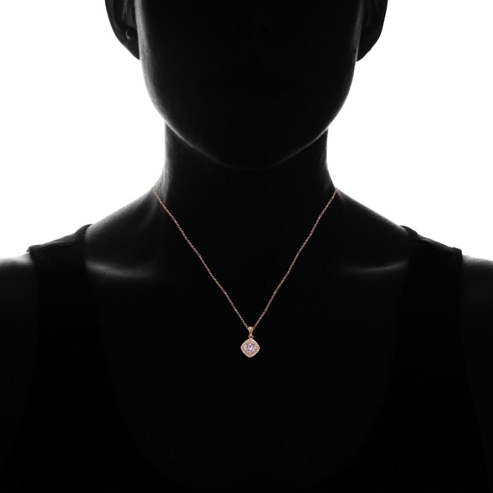 Rose Gold Tone over Silver Simulated Pink Tourmaline Round & CZ Accents Necklace