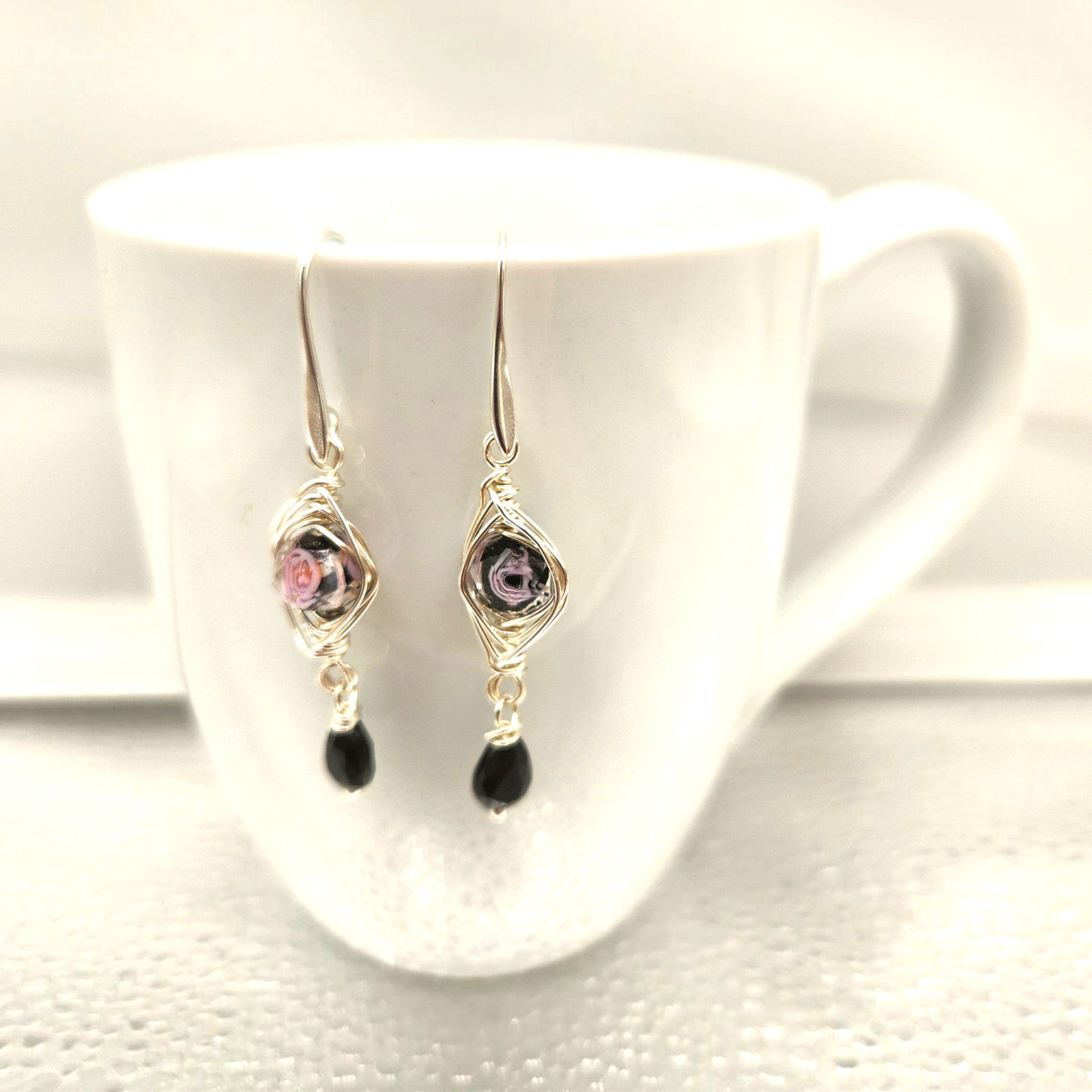 Handmade Stone Herringbone Wire Wrapped Dangle Earrings Gold Silver Bronze