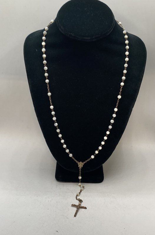 Vintage Italian 800 Silver Rosary Necklace White Iridescent Beads 24″ 17.0g