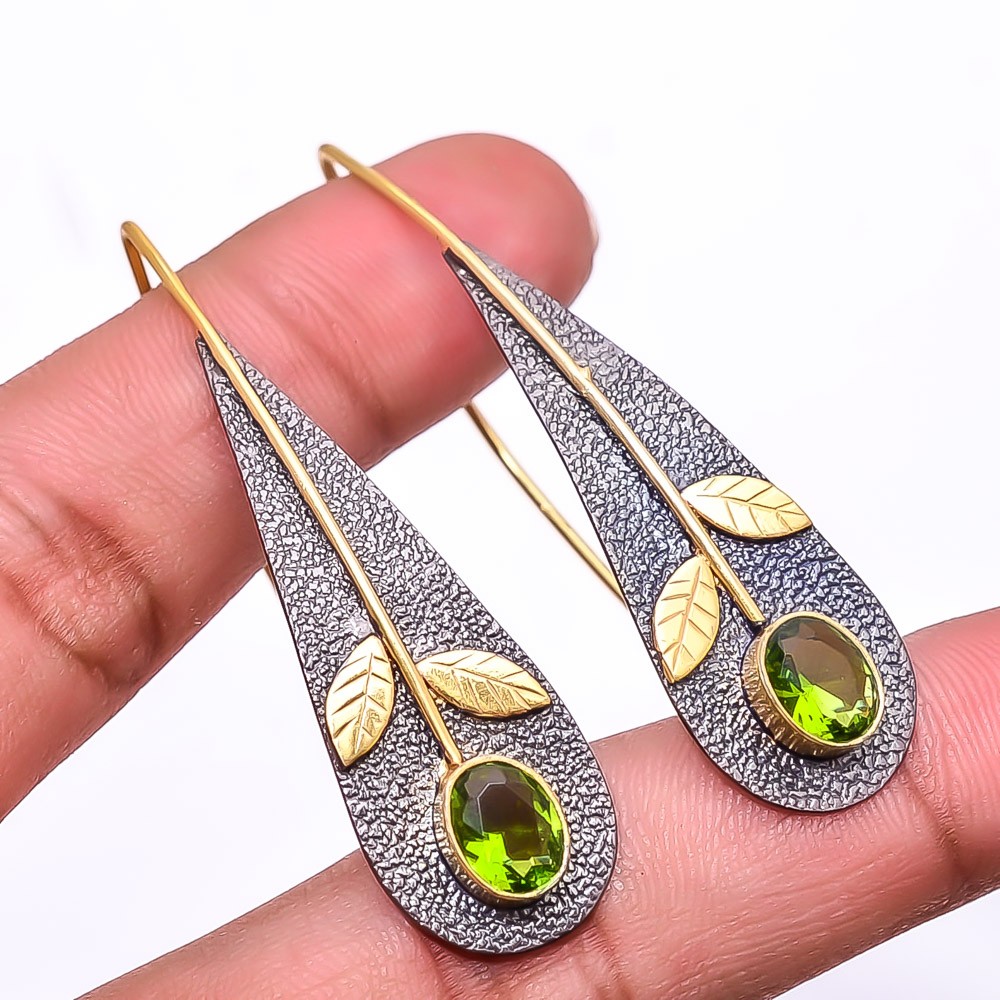Peridot Gemstone 925 Silver Black & Gold Rhodium Plated Earring 2.15″ E29