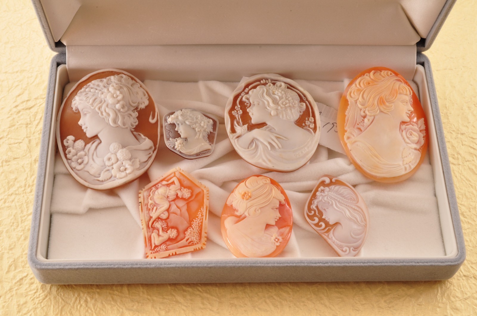 7 items , vintage shell cameo White and brown color (Total 228.0ct) with case.