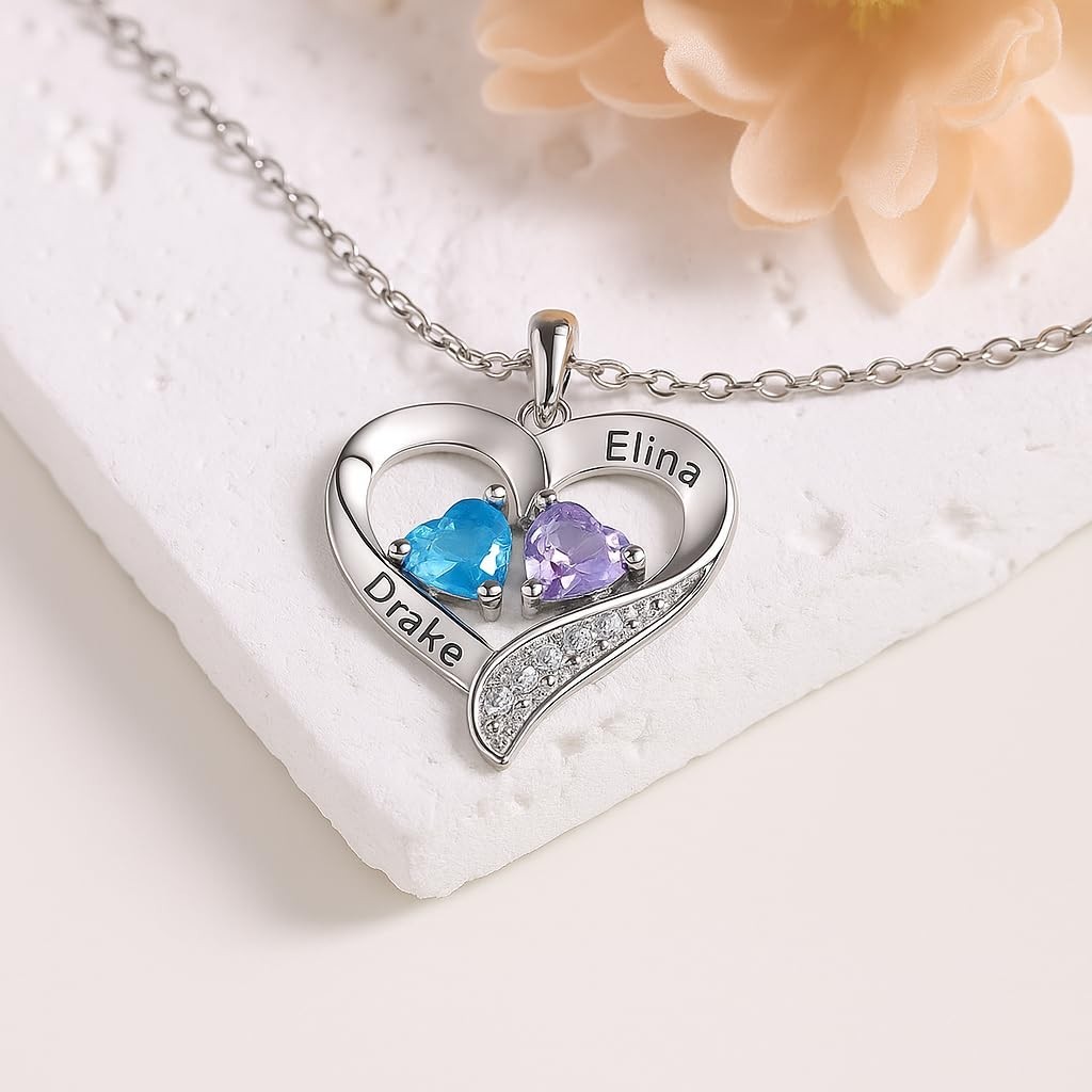 Personalized Name Birthstone Heart Pendant Necklace Gift Jewelry for Women Teen