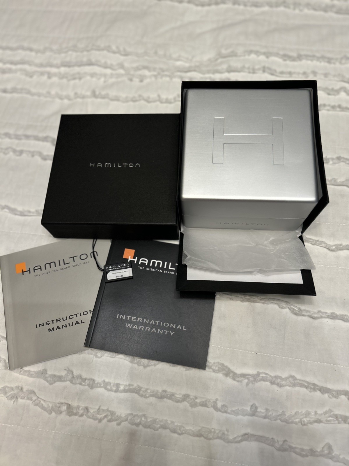 Hamilton Silver Metal Watch Box Set Inner & Outer Boxes & Booklet Included! MINT