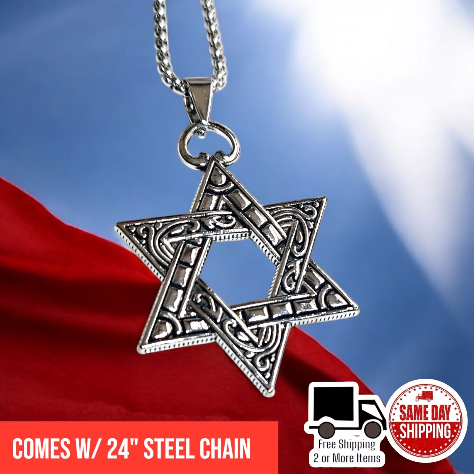 Stainless Steel 316L 2.0″ Star of David Pendant w/ 24″ Cable Link Chain
