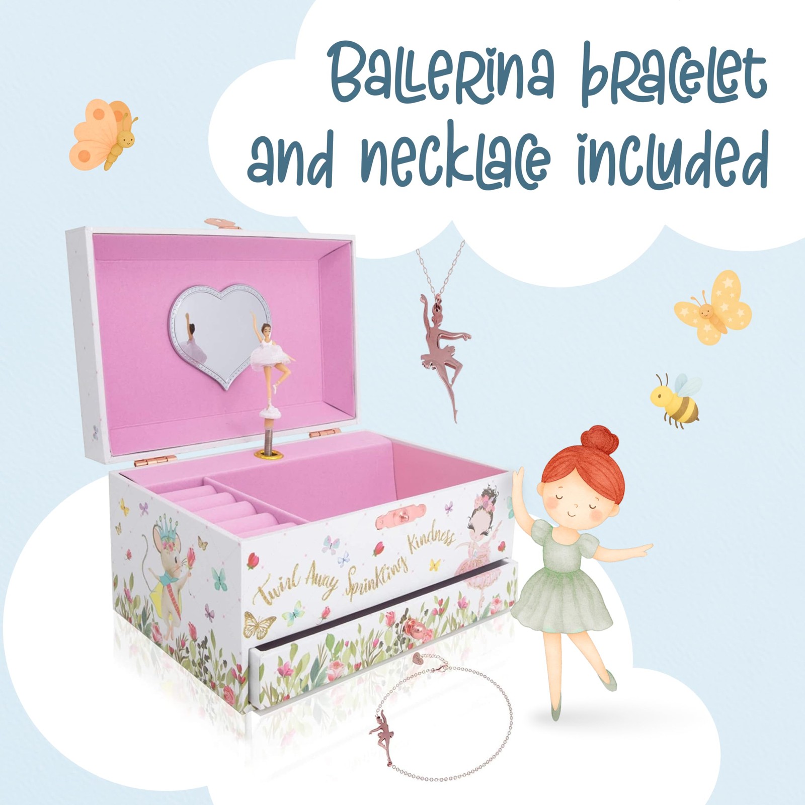 Ballerina Musical Jewelry Box with Storage Organizer for Kids Ages 6-12 MDF Wood