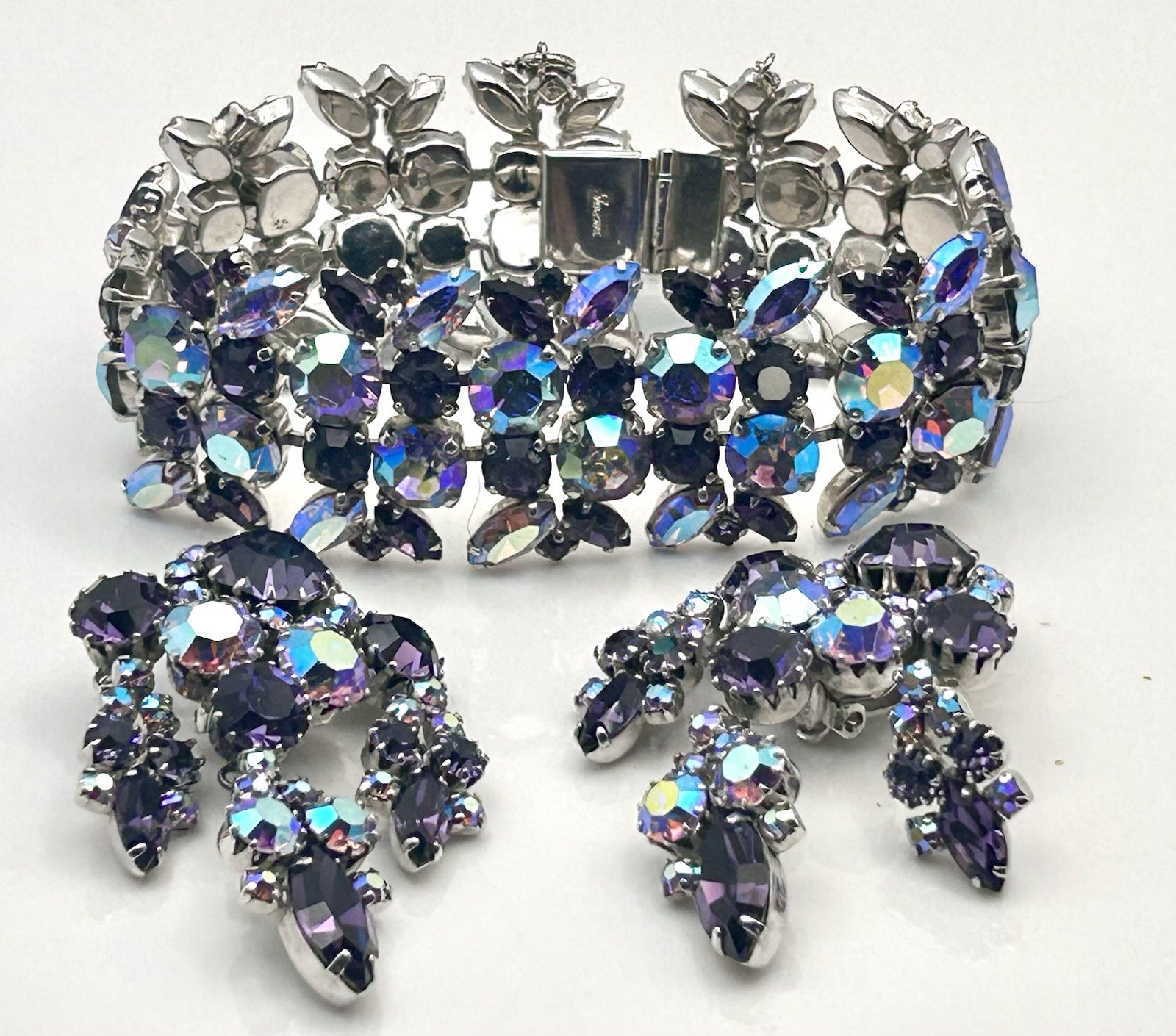 Signed Sherman Rhinestone Bracelet & Earrings Purple & AB Rhinestones