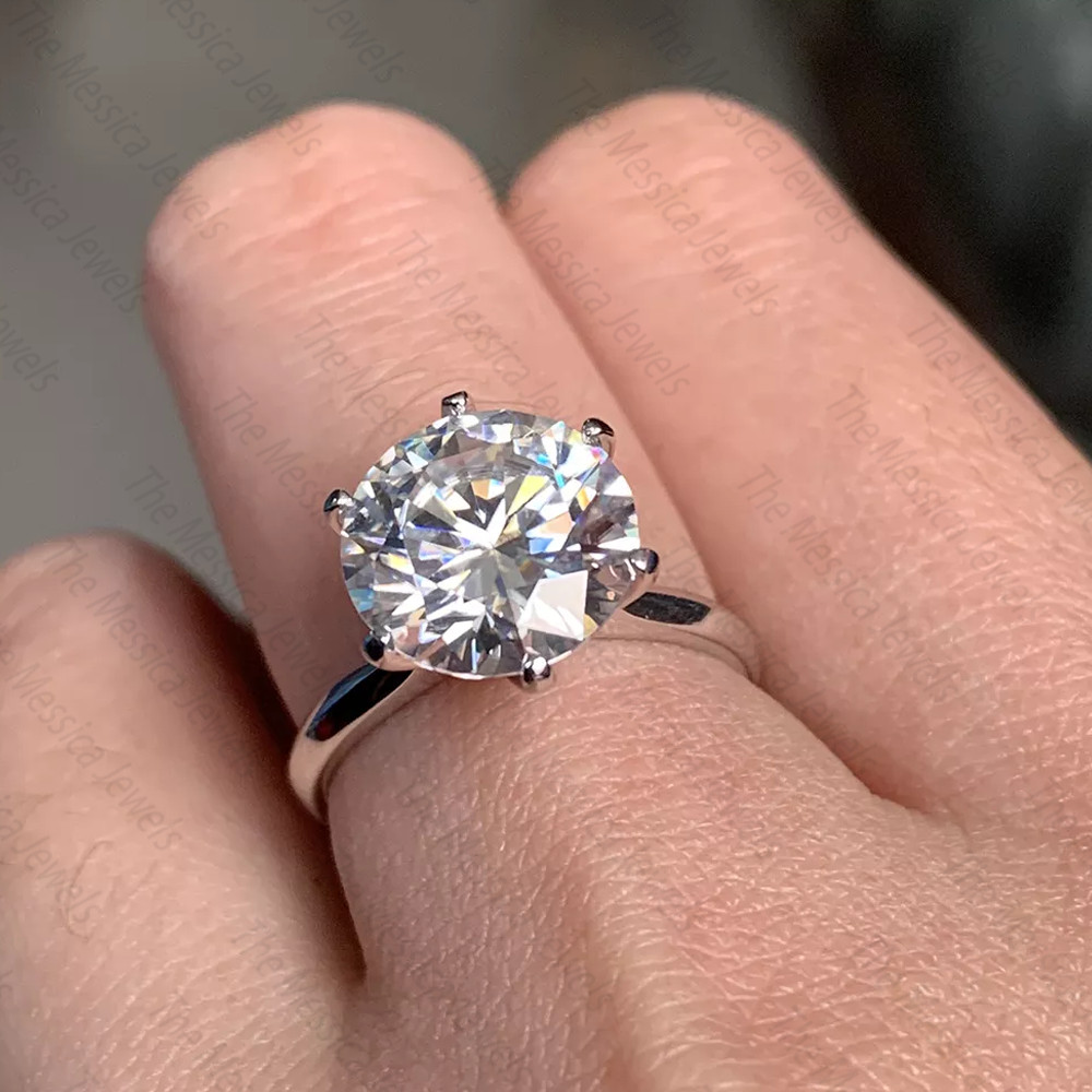 3.40 TCW 10 mm Round Cut Big Moissanite Engagement Ring In 14k White Gold Plated