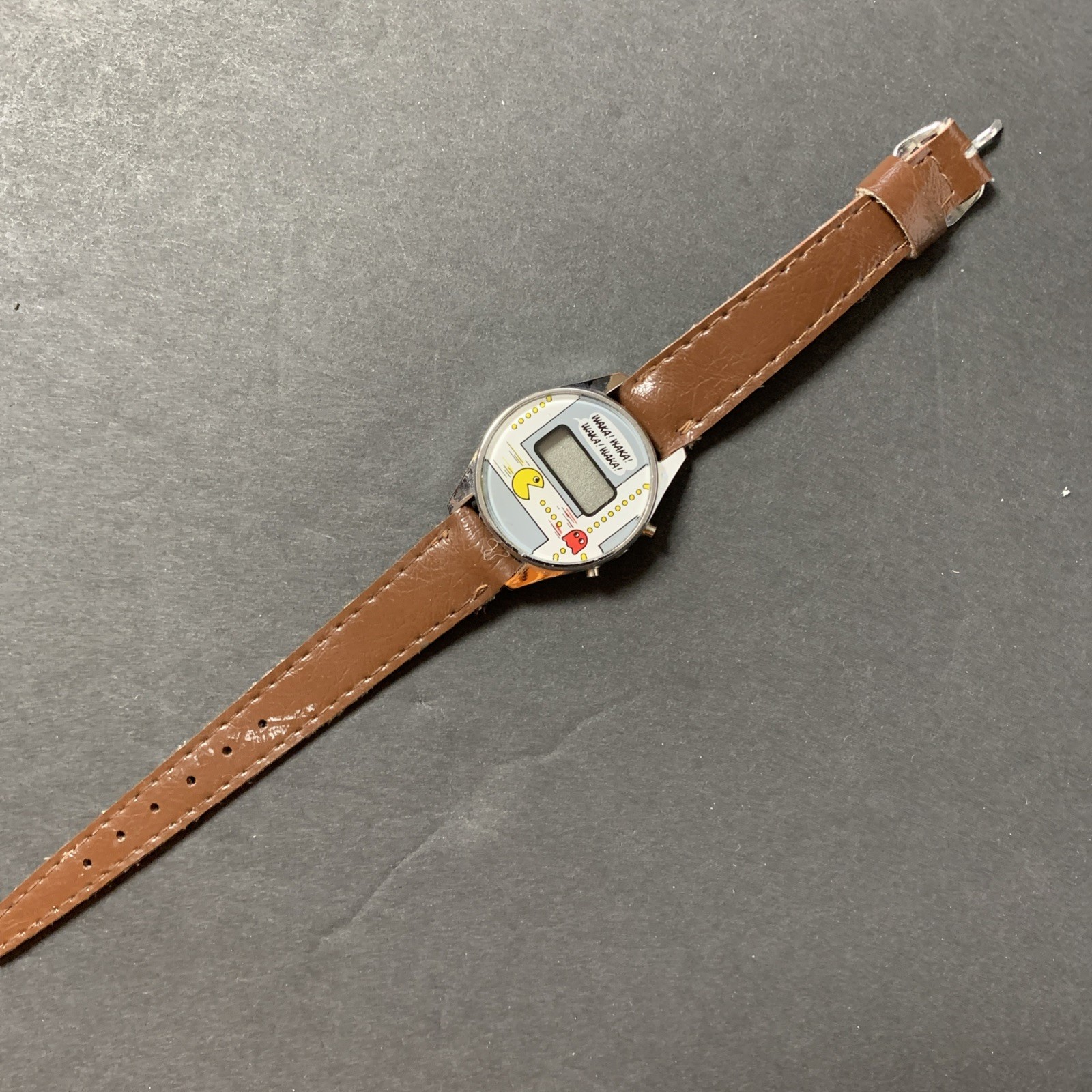 Vintage 80’s Pac-Man Watch w/Leather Band – Pac-Man & Blinky – Made in Hong Kong