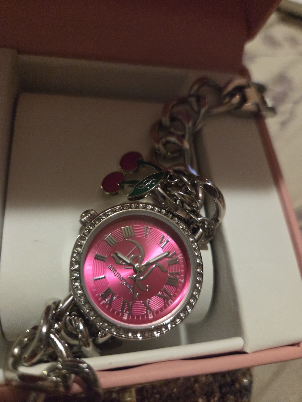 Juicy Couture Pink Dial Charm Bracelet Watch with Cherry – New In BOX