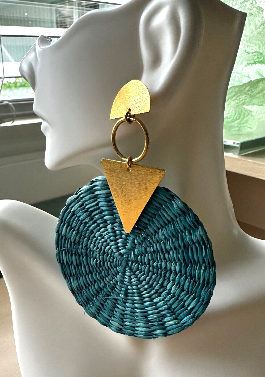Trend Collection Lg Parfois Woven Teal Statement Gold Earrings Lightweight NWT