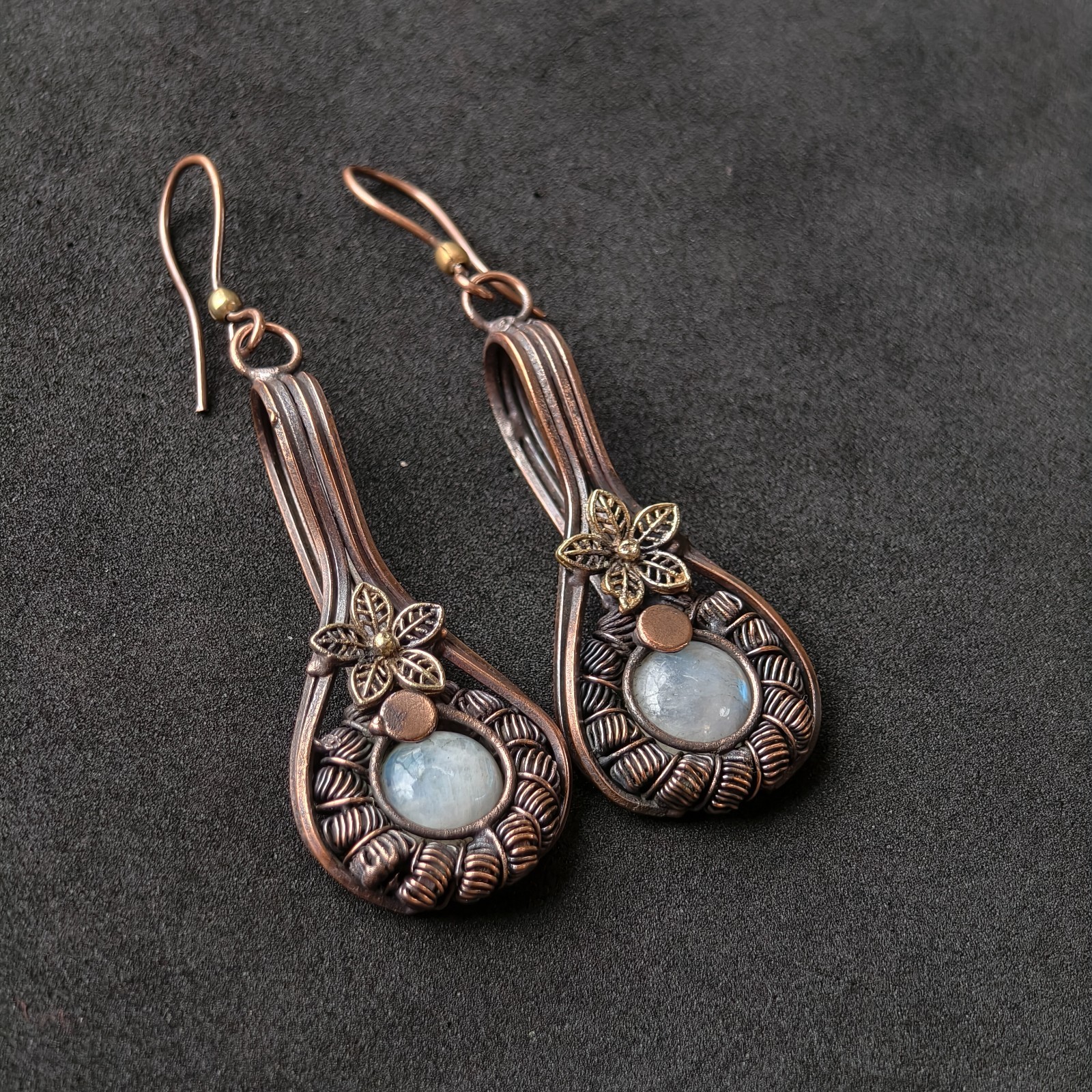 Copper Wire Wrapped Moonstone Dangle Earrings, Handmade Copper Gemstone Earrings