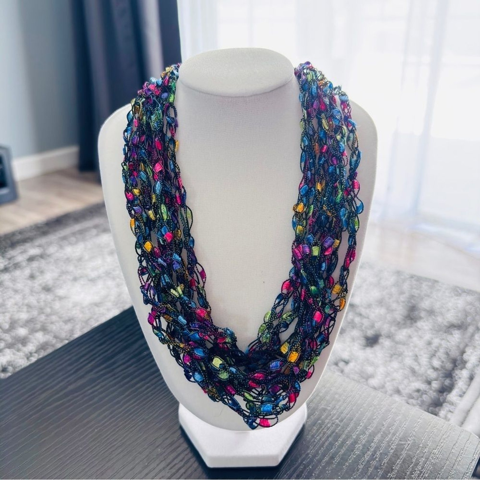 Multicolor 6 Strand Ribbon Yarn Boho Festival Necklace Feather Light