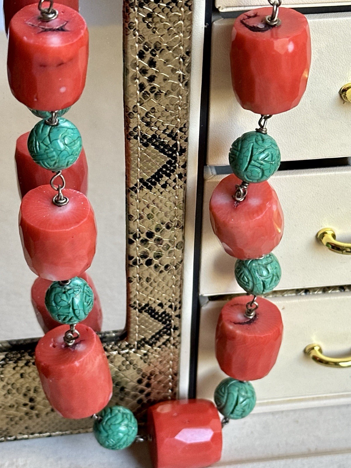 PINK CORAL NECKLACE MATCHING FACETED BEADS-TURQUOISE-SILVER 925-80 CM