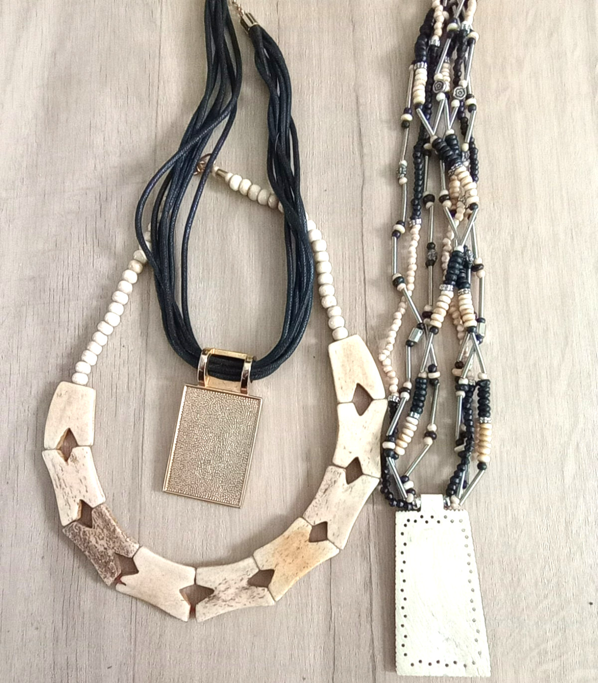 Tribal/ethnic lot of 6 necklaces, bone, wood beads, multi-media see pics