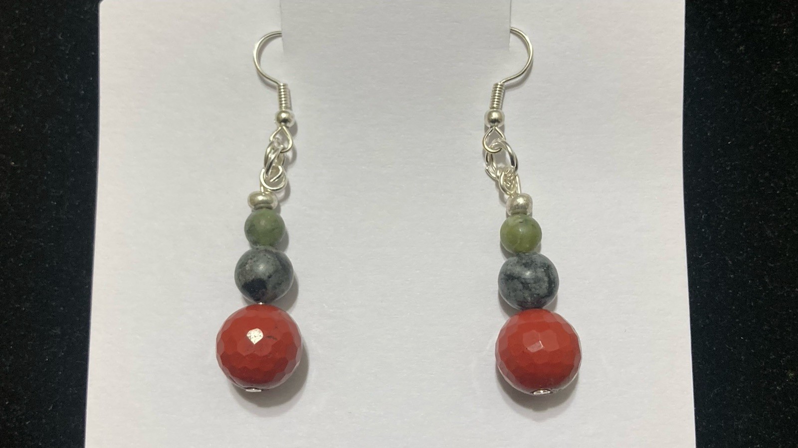 Green Red Black Jade Jasper Silver Handmade Hook Drop Gemstone Beaded Earrings