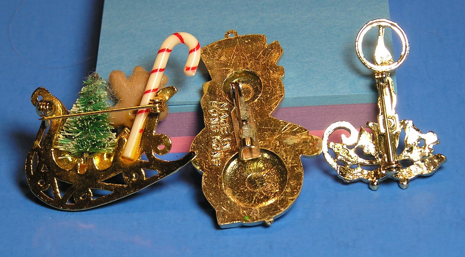 Vtg Christmas pins – Snowman, Sleigh with toys, Candle